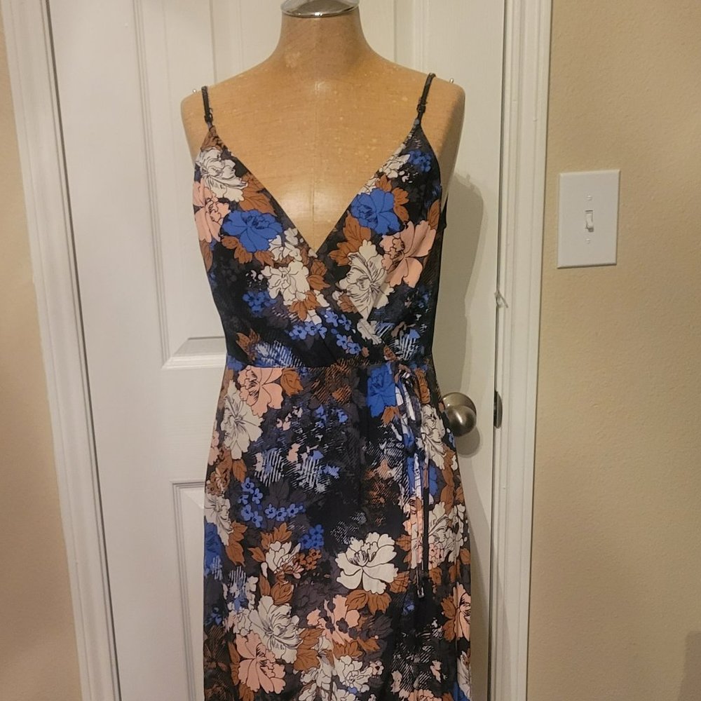 Astr Surplice Faux-wrap Spaghetti Strap Floral Dress